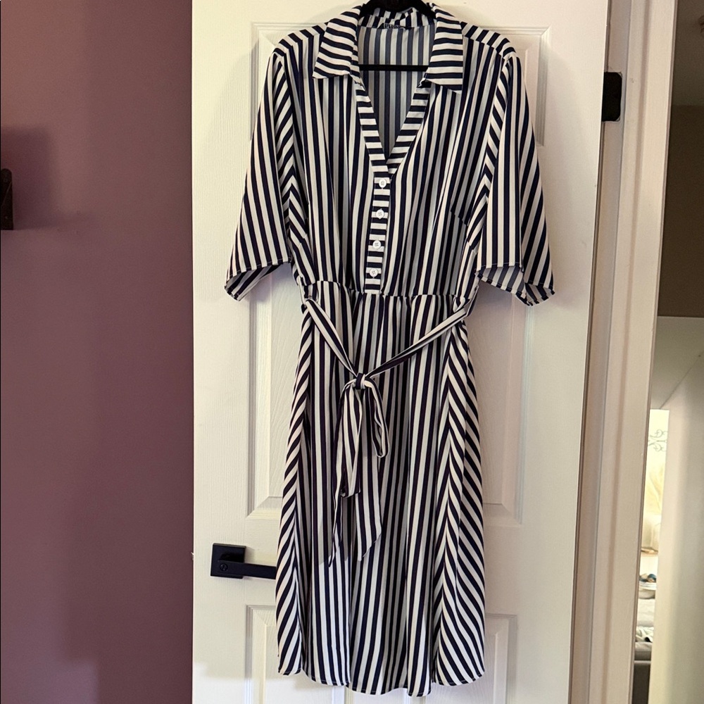 Striped Blue and White Shirt Dress with Tie Waist